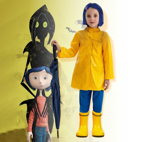 Coraline Kostym Barn Gul Regnrock och Blå Byxor Kostym Set Halloween Outfits Cosplay Födelsedagspresent S