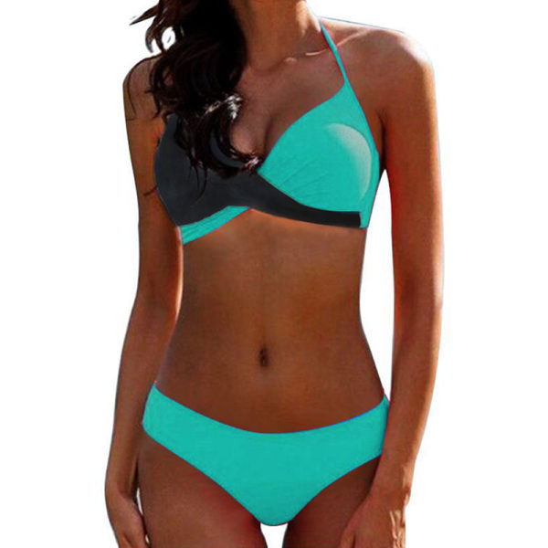 Kvinnor Color Block BH Bikini Set Brazilian Swimsuit Badkläder Dark Grey + Sky Blue M