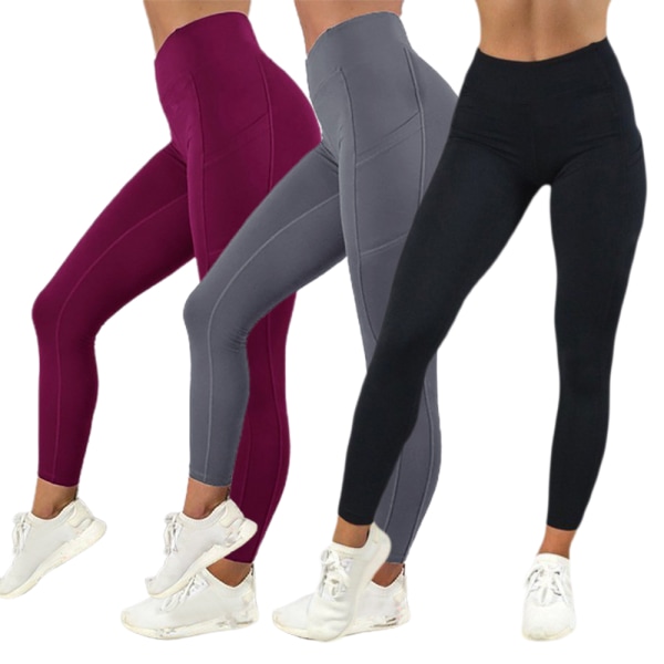 Gym Leggings med hög midja för kvinnor Pocket Fitness Sports Yoga Byxor red S