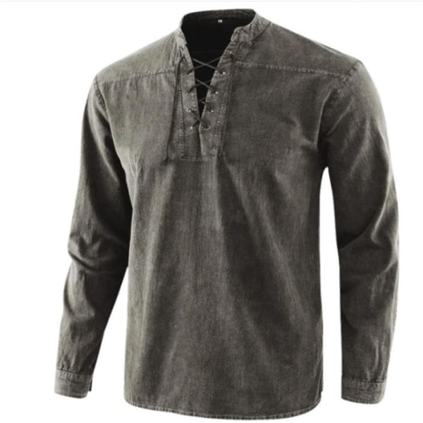 Modeskjorta för män långärmad strandtopp med V-ringad dragsko grey 2XL
