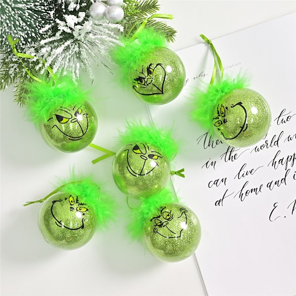 12 STK Store Søte Grinch Juletrepynt med Fuzzy Grønt Hår, Grinch Julekuler Juleball Festdekor Grinch Julepynt 12PCS