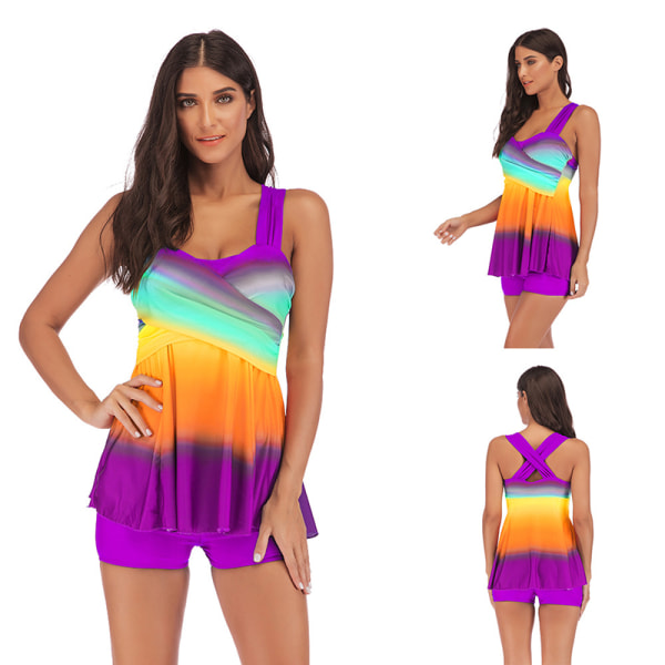 Kvinnors Tie Dye Bikini Boyshorts Tankini Set Baddräkt Badkläder Purple L