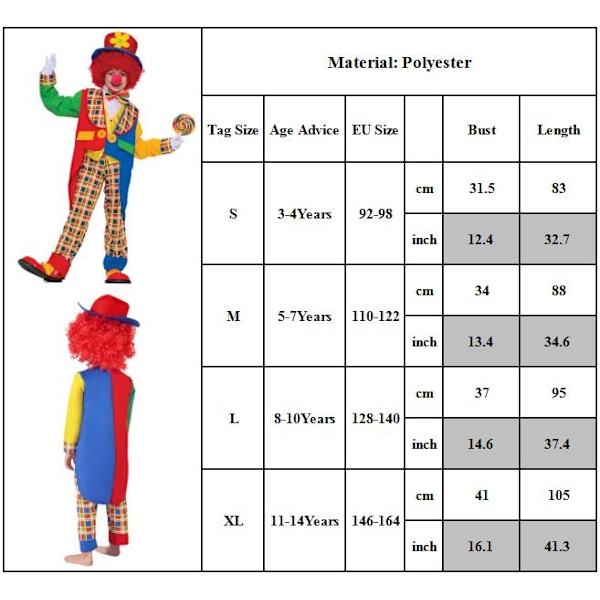 Clown på stan-kostym för barn, Joker Karnevalfestföreställning Outfit, Roliga Cirkuskläder M