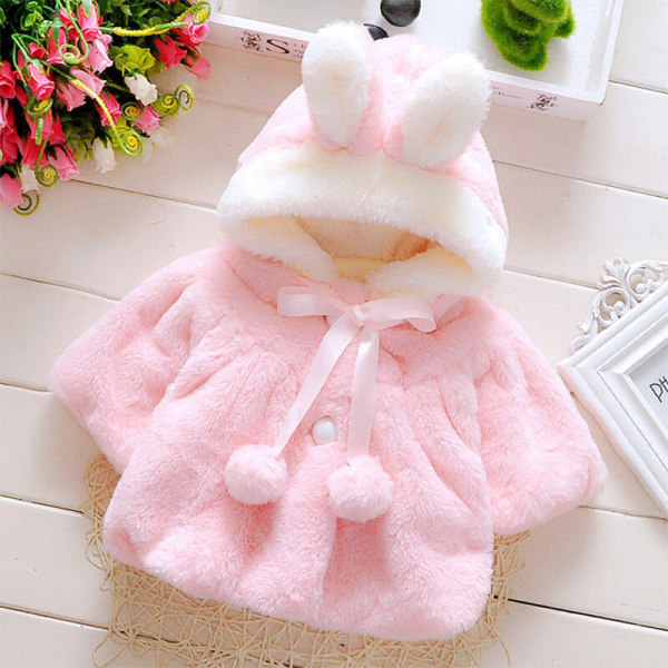 Baby Kid Flicka Bunny Ear Hoodie Jacka Ytterkläder Varm Hooded Jacka Vinter snödräkt Pink 80cm