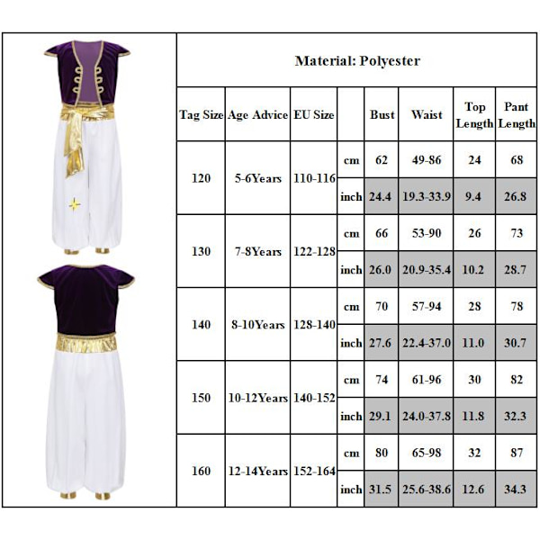 Arabisk Prins Aladdin Kostym Festkläder Väst Byxor Barn Pojke Uppträdande 140cm
