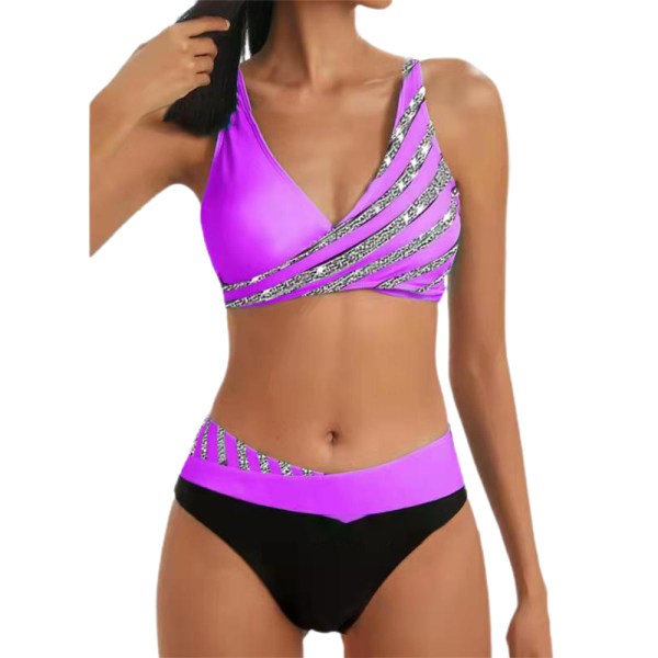 Womens Criss Cross Wrap-Look Bikini Set Badkläder Baddräkt Beach Lila 2XL