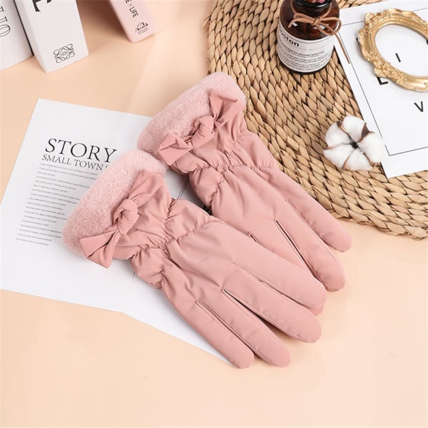 Mjuka mockagolvhandskar för kvinnor, fodrade med fleece, varma vinterhandskar med hela fingrar Pink
