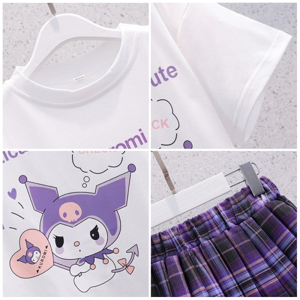Kuromi Kostym Barn Flickor Sanrio Tecknad T-Shirt Plisserade Kjolar Set Outfit Klänning White 160cm