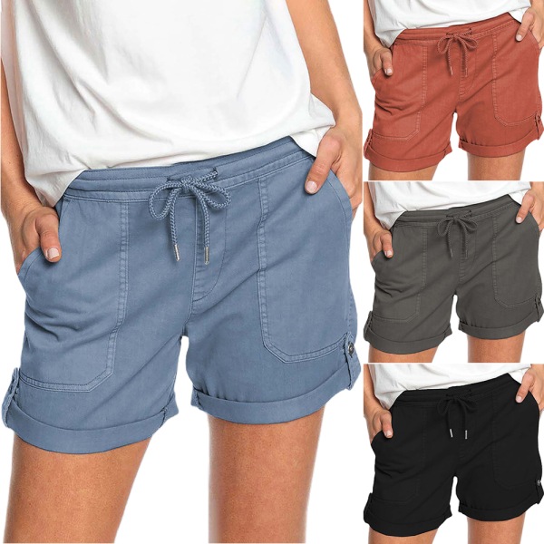Raka shorts i ren färg med remmar / mångsidig / för kvinnor Black 3XL
