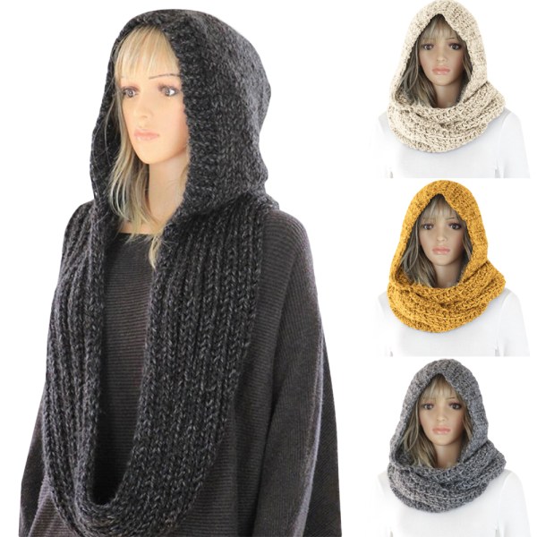 Dam Huva Stickad Halsduk Hatt Hals Varm Huva Huvud Wrap Sjal Scarves Utomhus Dark grey