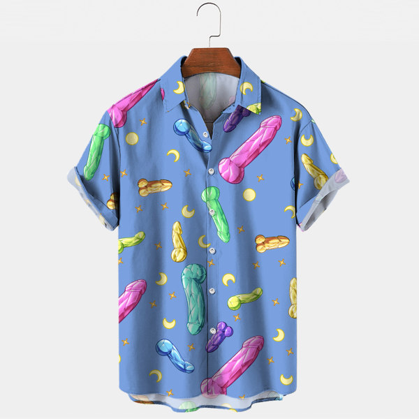 Herr T-shirt med roliga tryck, kortärmad strandtröja med knappar, hawaiisk semestertopp C 2XL