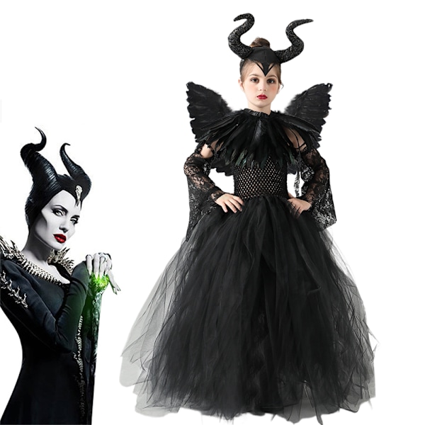 Maleficent Barnkläder för Flickor, Cosplay-Klänning, Horn, Vingar, Svart Tutuskjort, Halloween-Kostym XL