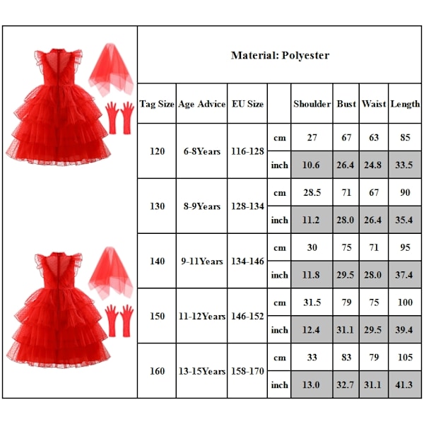 Tyttöjen Lydia Deetz Elokuvat Cosplay Puku Punainen Hääpuku Halloween Asut 130cm