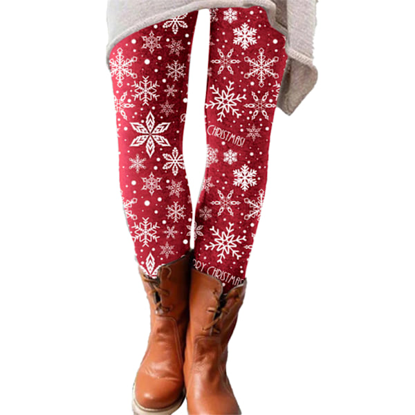 Dam Leggings med Jultomte och Snöflinga Tryck - Slim Fit Byxor C S