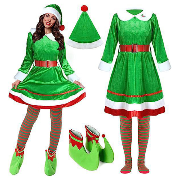 Jultomtenissdräkt Set Santa's Helper Cosplay Outfit Klänning Bälte Öron Strumpor Tomteluva Skor för Kvinnor Julfest L