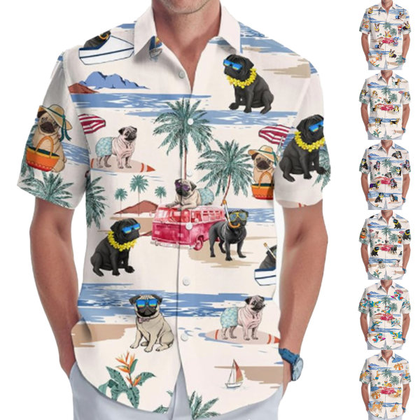 Stora och långa herrskjortor med korta ärmar, herrskjorta med hawaiianskt tryck och krage E 3XL