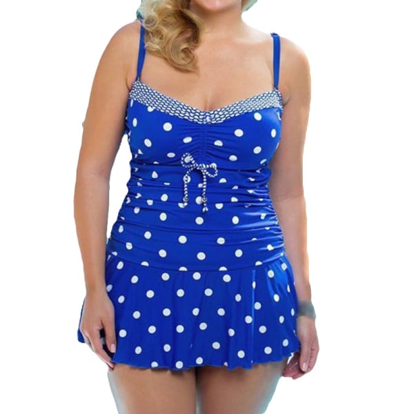 Dam Polka Dot Swim Dress Baddräkt Badkläder Plus Size Blue 4XL
