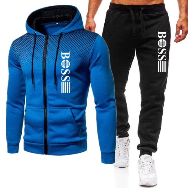 Herrsport Huvtröja Set Långärmad Full Zip Hoodie Sweatshirt Jacka + Joggers Sweatpants Outfit Ficka Royal Blue-Black M