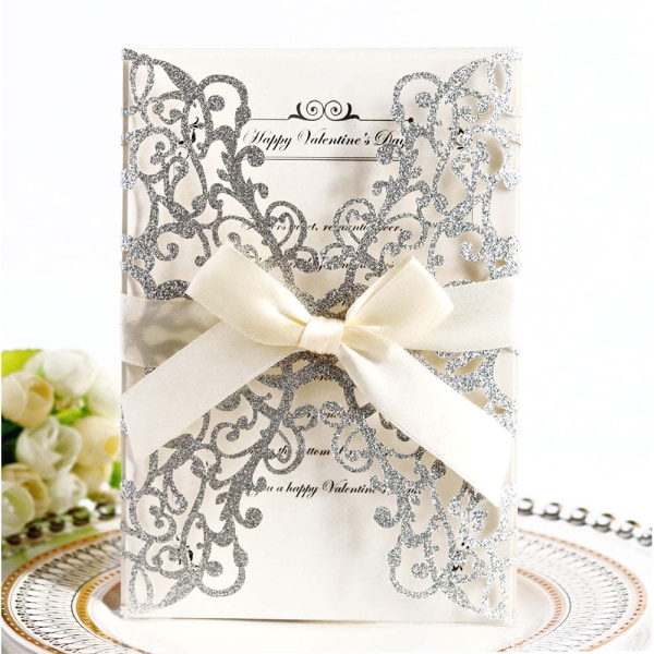 Födelsedag bröllop inbjudningskort med kuvert tomt och band Silver 10-Pack