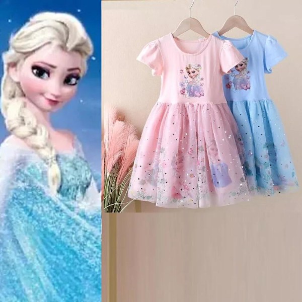 Flickor Frozen Anna Elsa Rosett Prinsessklänning Fest Kortärmad Tutu Klänningar Pink 140cm