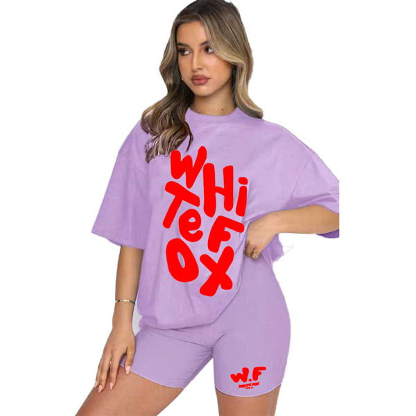2 st/ set Kvinnor Vit FoxT-shirt Shorts Set Korta byxor Casual Hemkläder Sportkläder Sommar träningsoverall Light Purple 3XL
