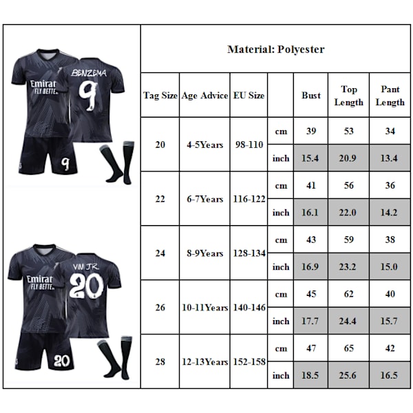 Barnfotbollströja Vini JR #20 Benzema # 9 Fotbollströjor Jersey Set #9 10-11Y