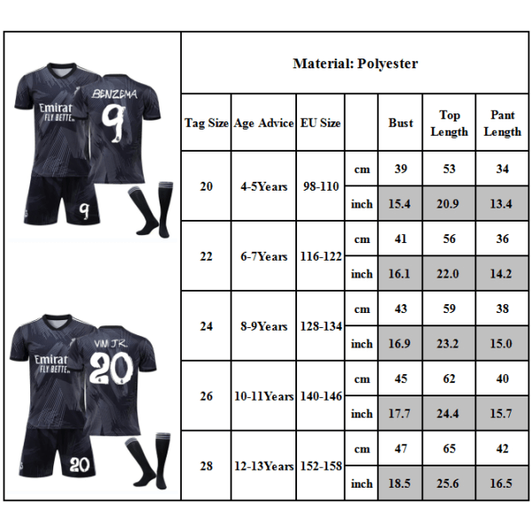 Vini JR #20 Benzema # 9 Fotbollströjor Jersey Set #20 6-7Y