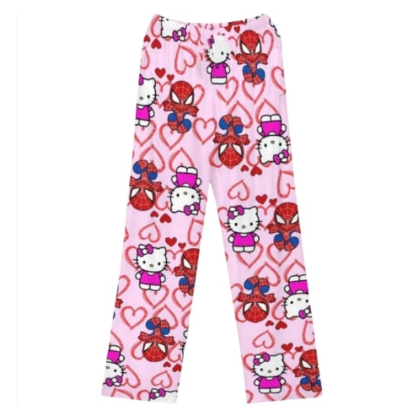 Kvinnor jul tecknad fleece pyjamasbyxor, flickor Print Flanell Sovkläder Byxor Present (överallt print) KT Cat Pink 2XL
