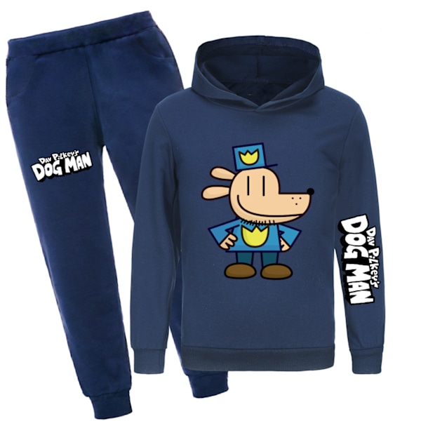 DOG MAN Casual Träningsset Barn Hoodie Joggingbyxor Kostym Tryck Huvtröja Sweatshirt Pullover Toppar Kläder Navy Blue 160cm