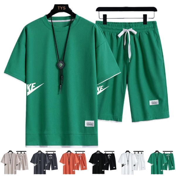 Herr Nikes Sommar Casual Träningsoverall Kortärmad Topp & Shorts Sportset Utomhusträning T-shirts Shorts Sportkläder Green L