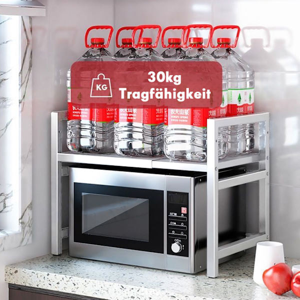 Køkkenhylde, udtrækkelig mikrobølgeovnsstand med 6 kroge, 40-64 cm udtrækkelig mikrobølgeovnshylde, mikrobølgeovnsholder, med 6 kroge, til køkken, op til 30 kg White