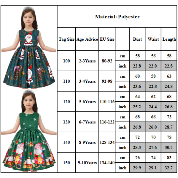Flickors Julklänning med Tryckt Bollklänning för Festprinsessor dark green 100cm
