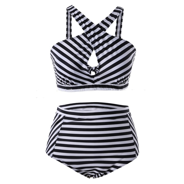 Aztec Bandage för kvinnor med hög midja Bikini Set Badkläder Baddräkt White & Black Striped 3XL