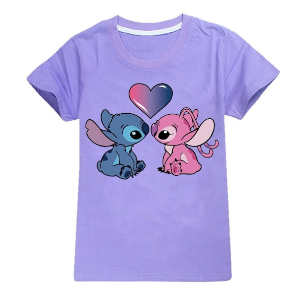 Stitch Flickor Pojkar Tecknad Tryckt T-shirt Sommar Kortärmad Tröja Bomull Rundhals Toppar Purple 170cm