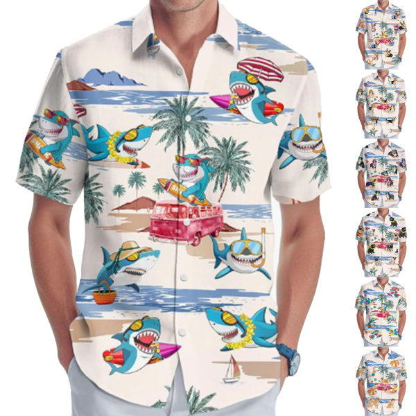 Stora och långa herrskjortor med korta ärmar, herrskjorta med hawaiianskt tryck och krage B L