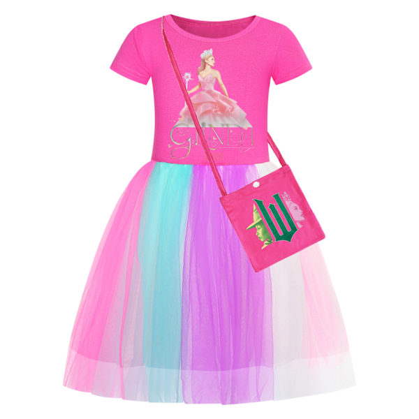Flickor Glinda Elaka Prinsessklänningar Fest Kortärmade Klänningar Med Väska Rose Red-B 110cm