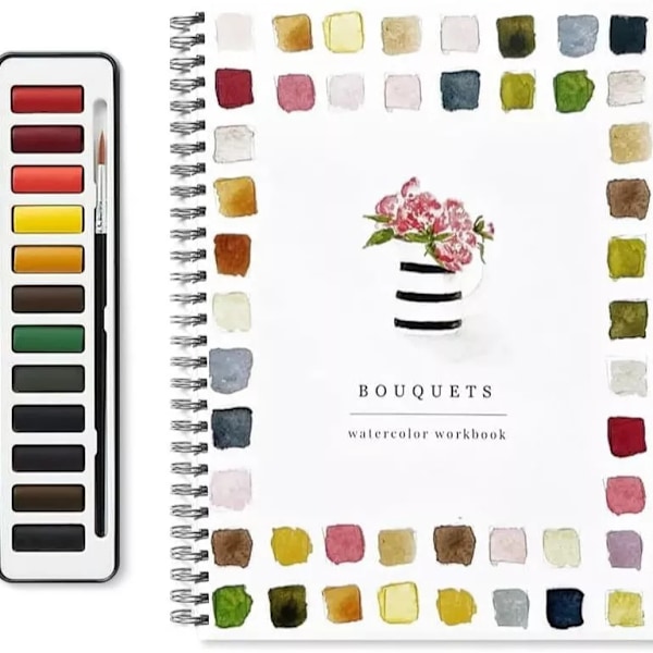 Akvarel Workbook 12 Farver Akvarel Øvelsesbog Malersæt Til Begyndere Flower bouquet