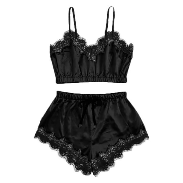 Sext  Nattlinne Cami Topp Underkläder Set för Kvinnor Black 2XL