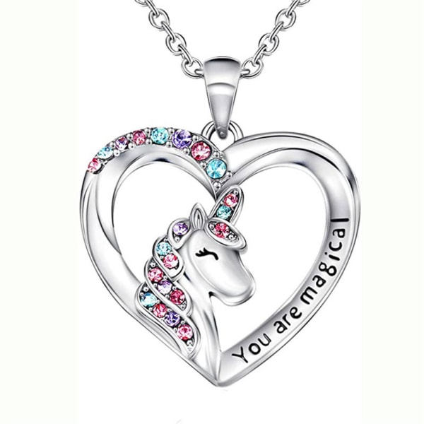 Färgglada Diamond Unicorn Heart Pendant halsband för kvinnor tjej