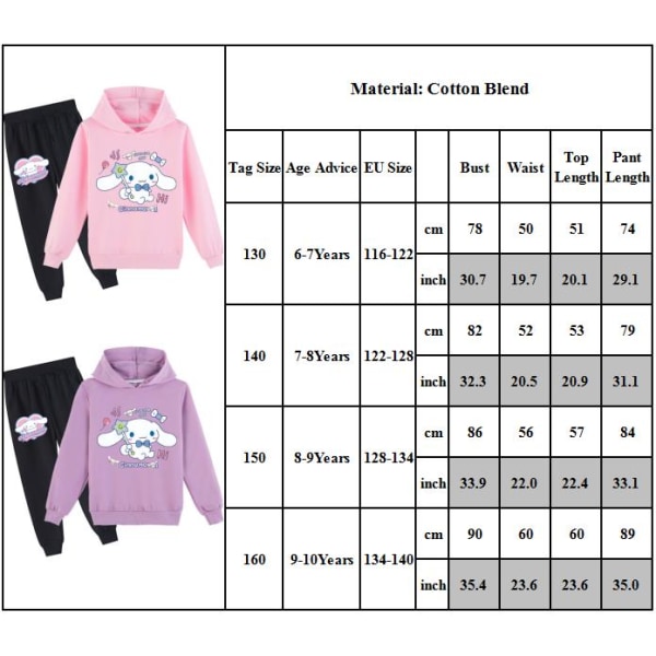 Cinnamoroll Tryckad Träningsoverall Set för Flickor Hoodie Sweatshirt Joggingbyxor Outfit Pink 140cm