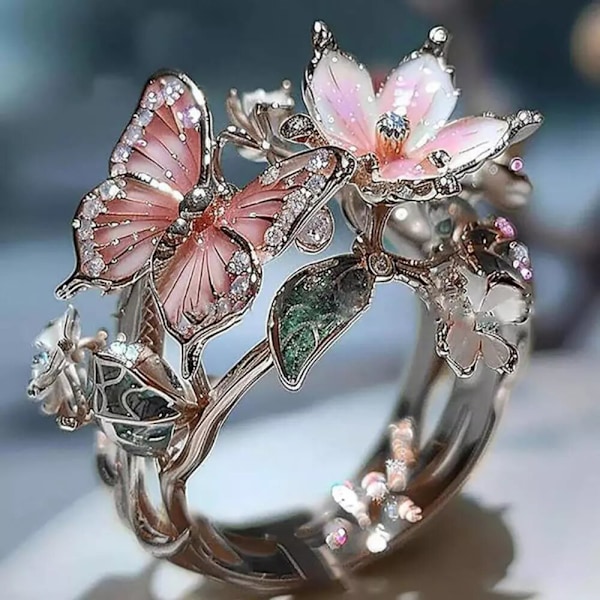 Rosa Vintage Justerbar Ring för Kvinnor Mode Diamant Droppe Fjäril Blomma Ring Silver