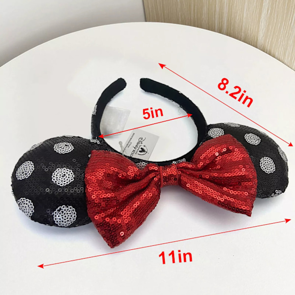Disneyland Minnie Mouse Korvapanta, jossa paljetteja, punainen rusetti ja polkadot-kuvio, naamiaisasu