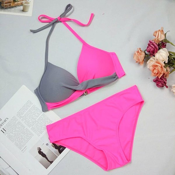 Färgblockerad bh-bikiniset för kvinnor, brasiliansk baddräkt Light Grey + Rose Red S