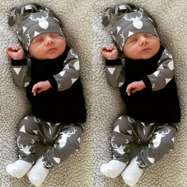 2024 Nyfödda Bebis Baby Kläder Långärmad T-shirt Toppar Byxor Hatt Outfits Grey black 100cm