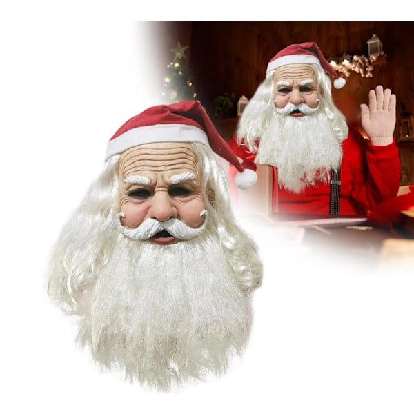 Julemandshovedsæt, julehat med hvidt skæg og bedstefarmaske, let og åndbar maske, til festudklædning, let at bære og rengøre