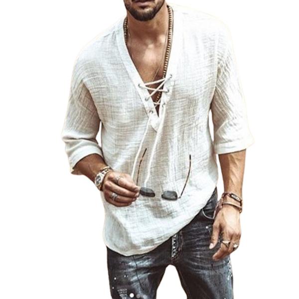 Miesten vintage-batikoidut nauhalliset hippi-henley-paita white 2XL