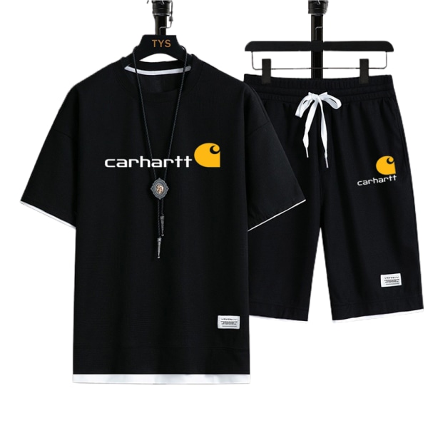 Herr Sommar Casual Träningsoverall Kortärmad Topp & Shorts Sportkläder Andningsbar Träning Utomhusträning Bomull T-shirts Shorts Sportkläder Black 3XL