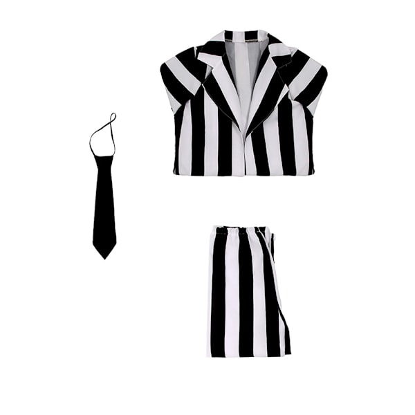Hauska Beetlejuice-lastenpuku, mustavalkoraidallinen takkipuku, sopii elokuvaroolileikkeihin, aavepukeutumiseen ja Halloweeniin M