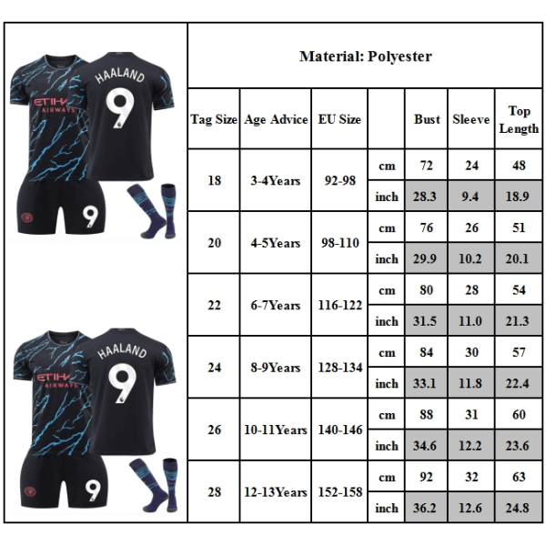 Fotbollströja Barn Haaland #9 Fotbollströjor för Barn Pojkar & Flickor Fotboll Ungdomsträning Outfit Spårkostym 12-13Years