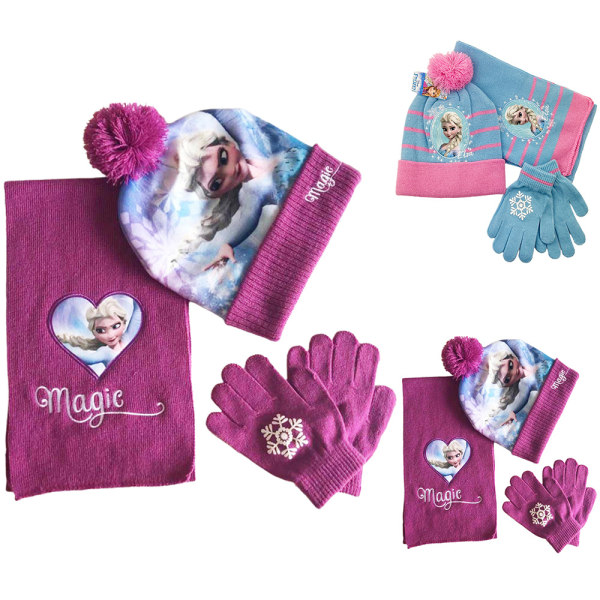 Frozen Girls Hat Scarf och handskar Set Winter Bobble Hats Purple